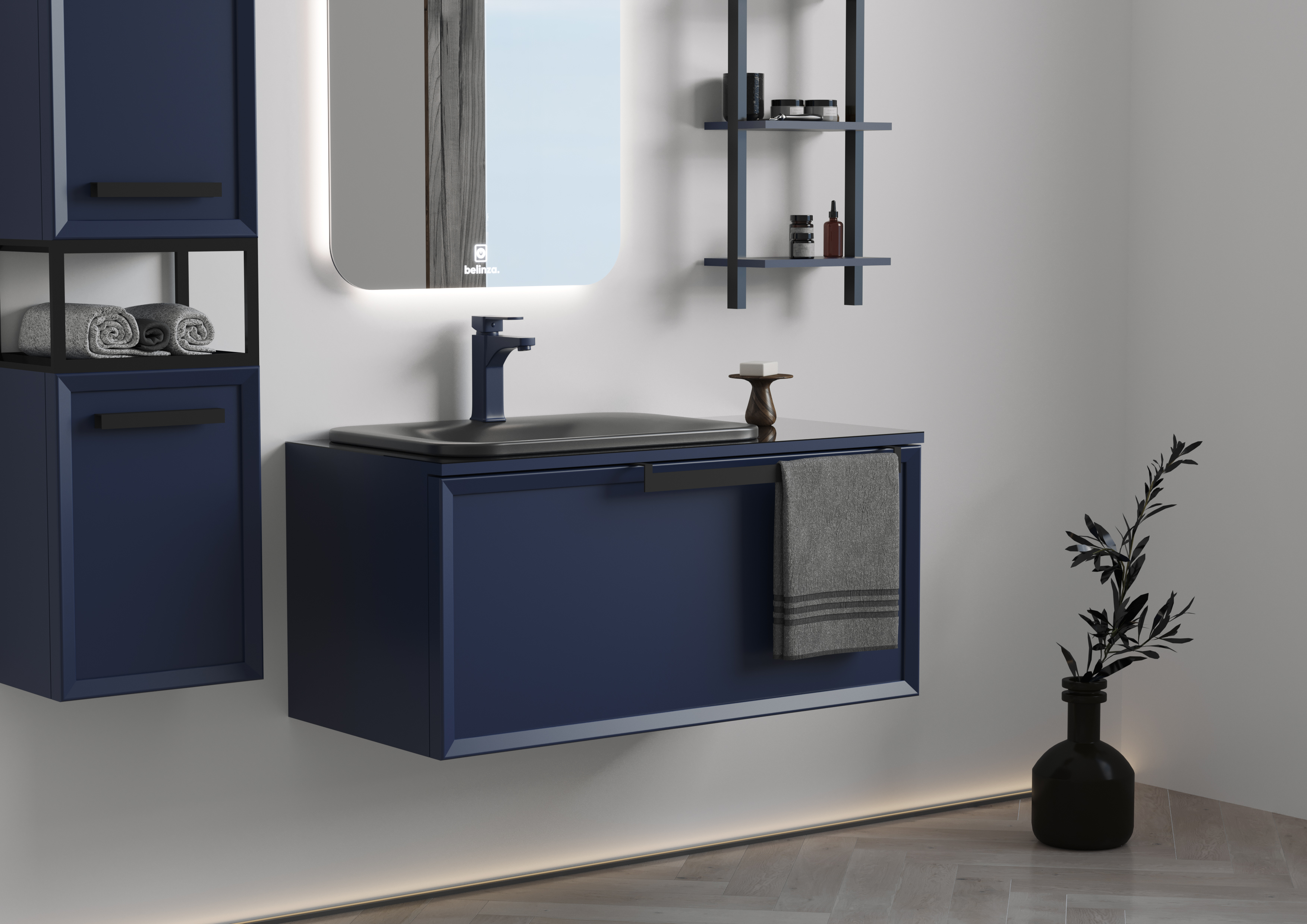 Badmöbel Set Ares 100 Blau mit Waschtisch Regal Seitenschrank mit LED Spiegel