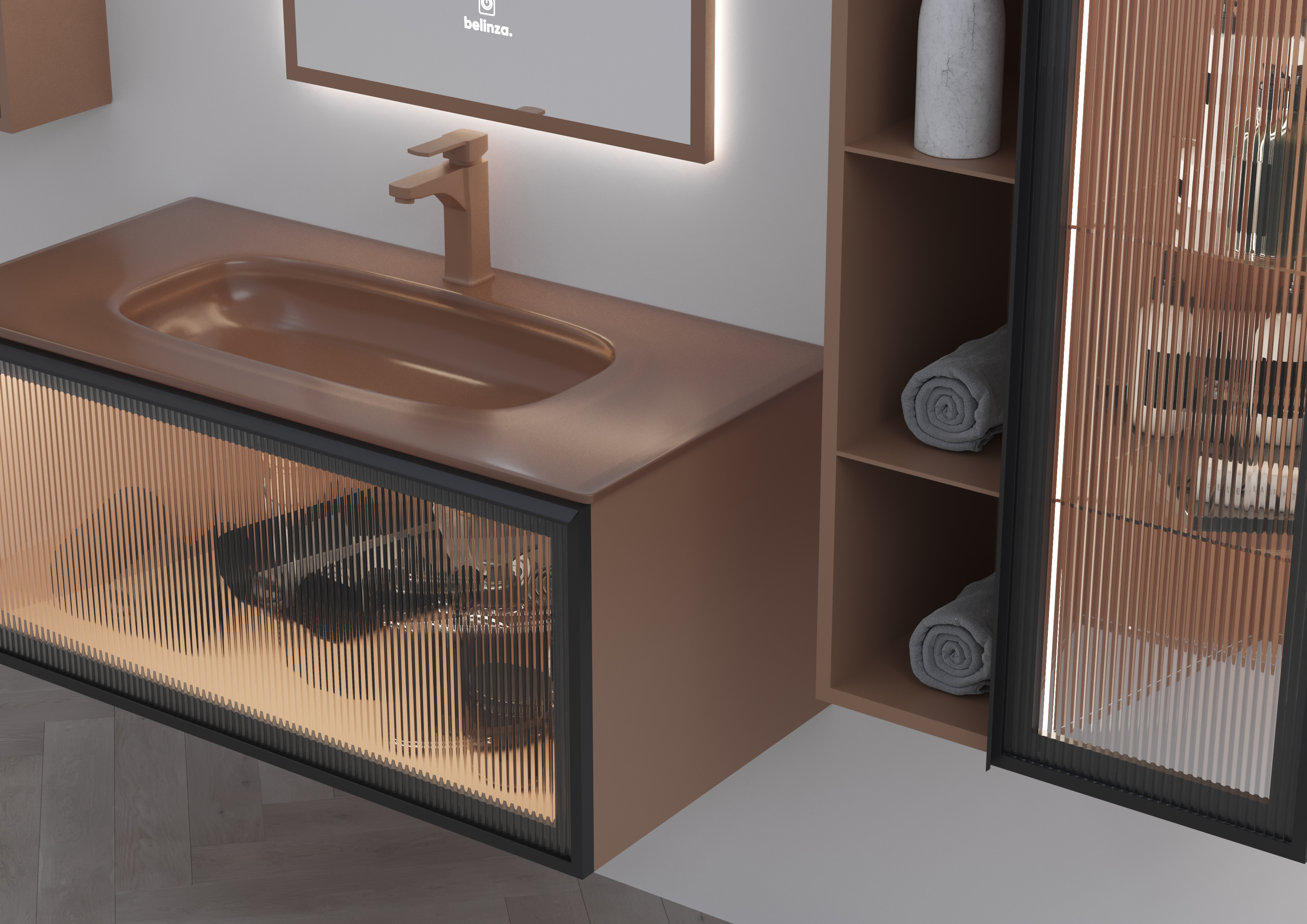 Badmöbel Set Zeus 85 mit Waschtisch Regal Kombination Seitenschrank mit LED Spiegel-BEN10407