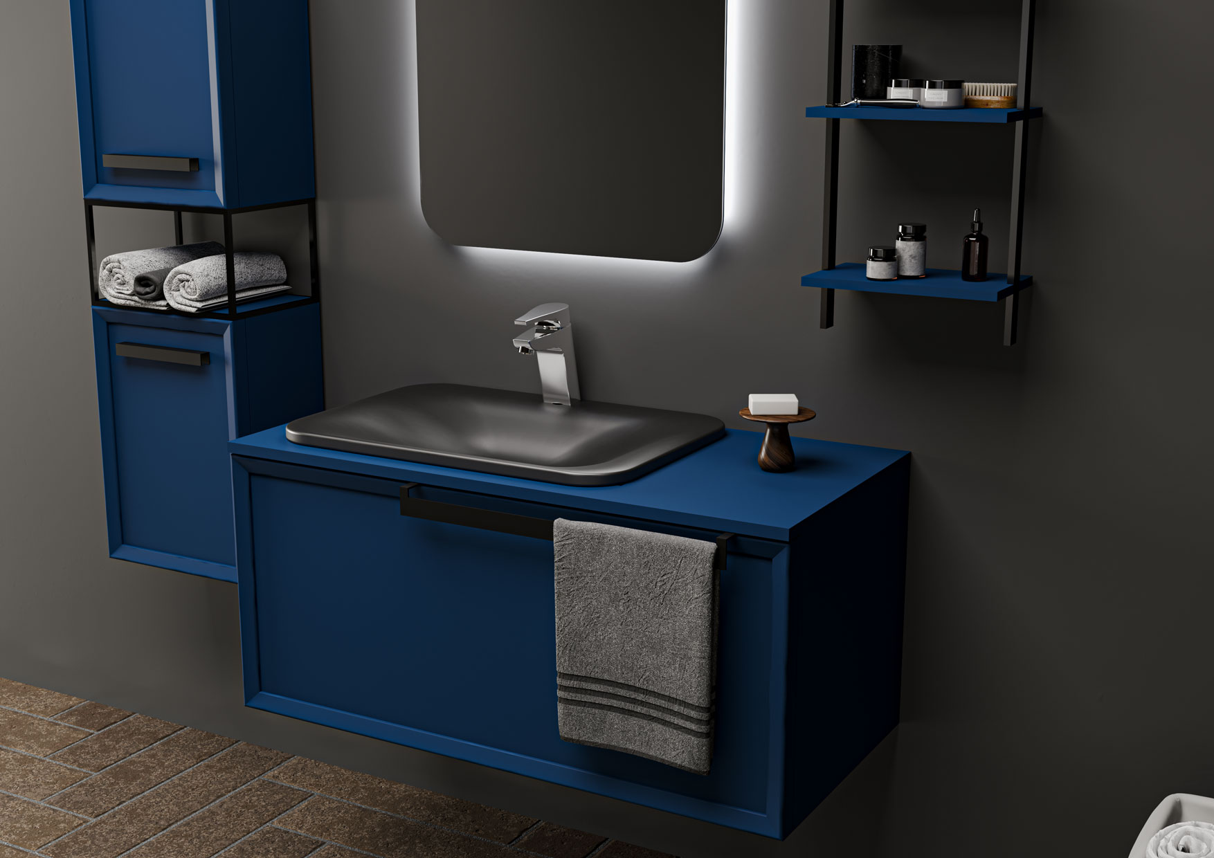 Badmöbel Set Ares 100 mit Waschtisch Regal Seitenschrank mit LED Spiegel-BEN10409