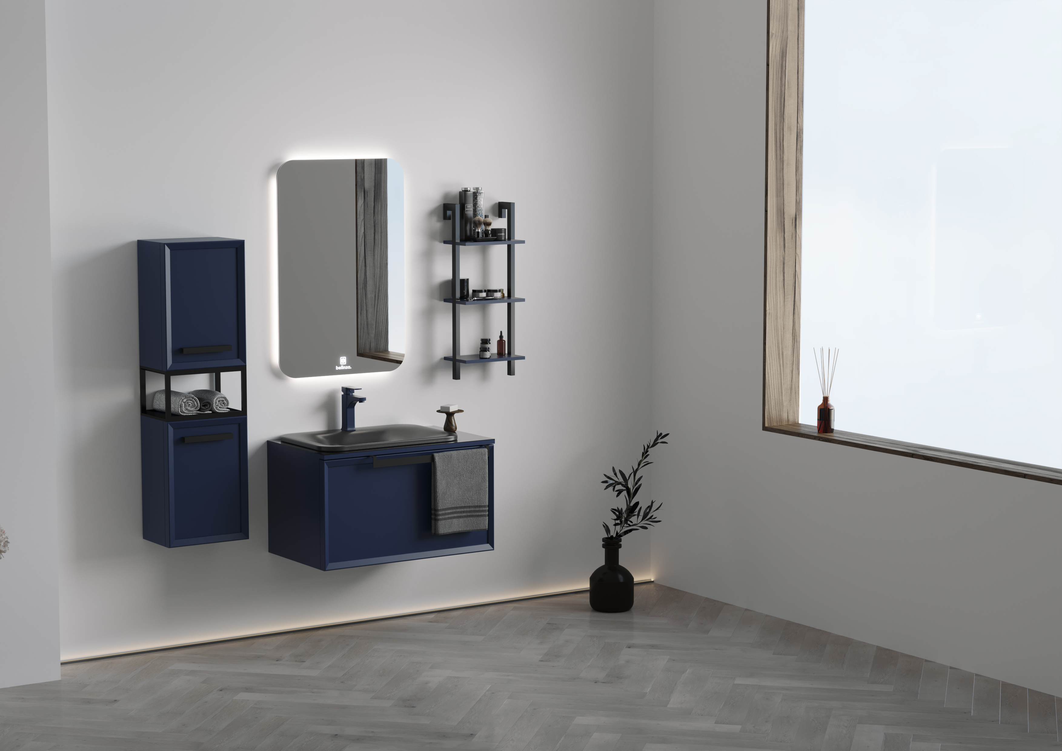 Badmöbel Set Ares 100 Blau mit Waschtisch Regal Seitenschrank mit LED Spiegel